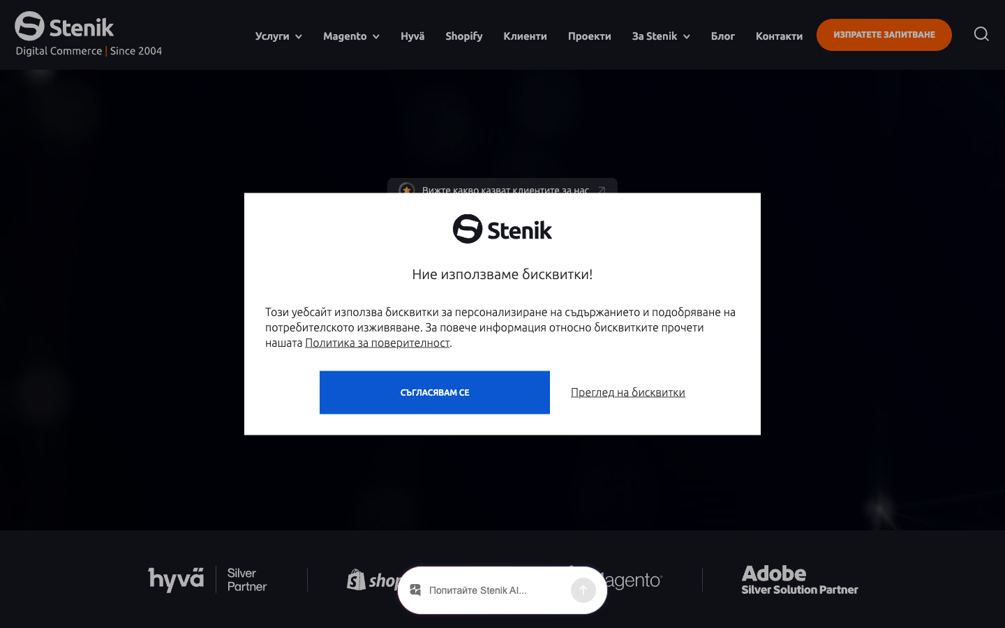 Сайтът на Stenik с cookie стена