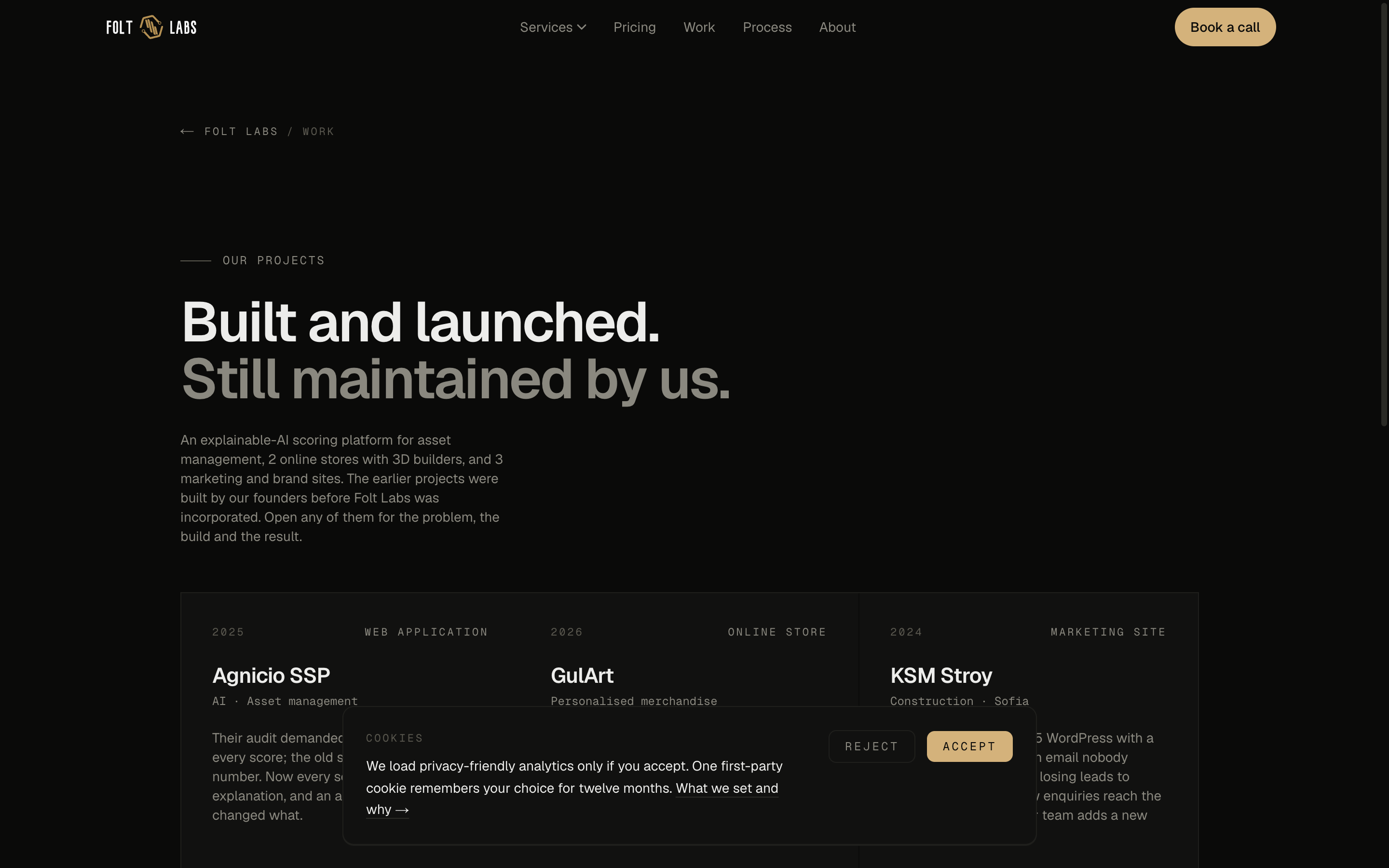 Страницата Проекти на Folt Labs с шест кейса
